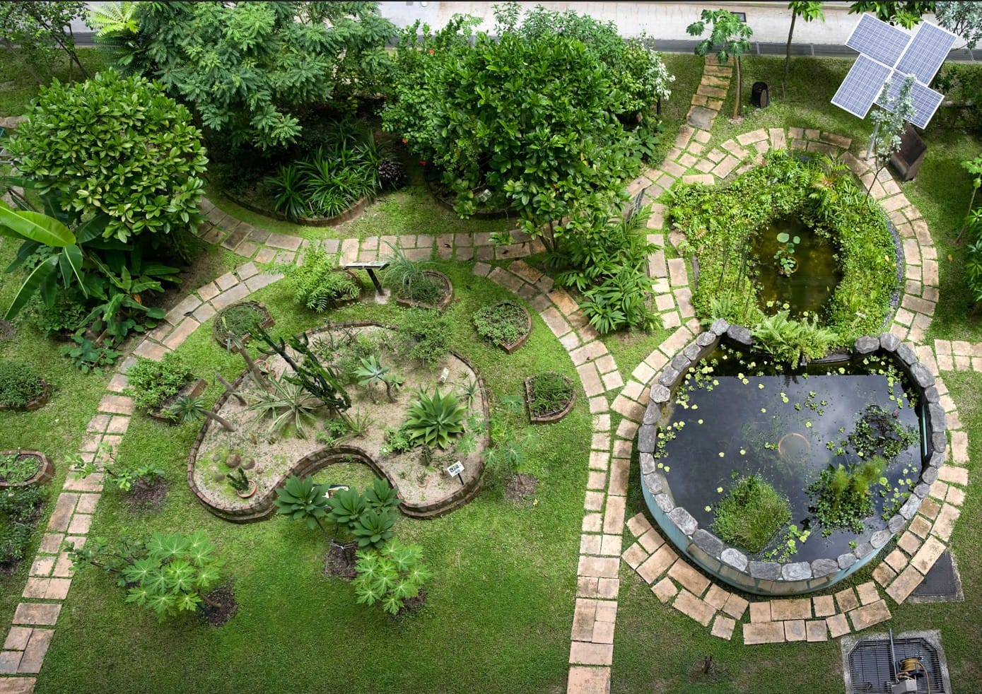 Aerial view of the school eco garden with greenery, ponds and solar panels.